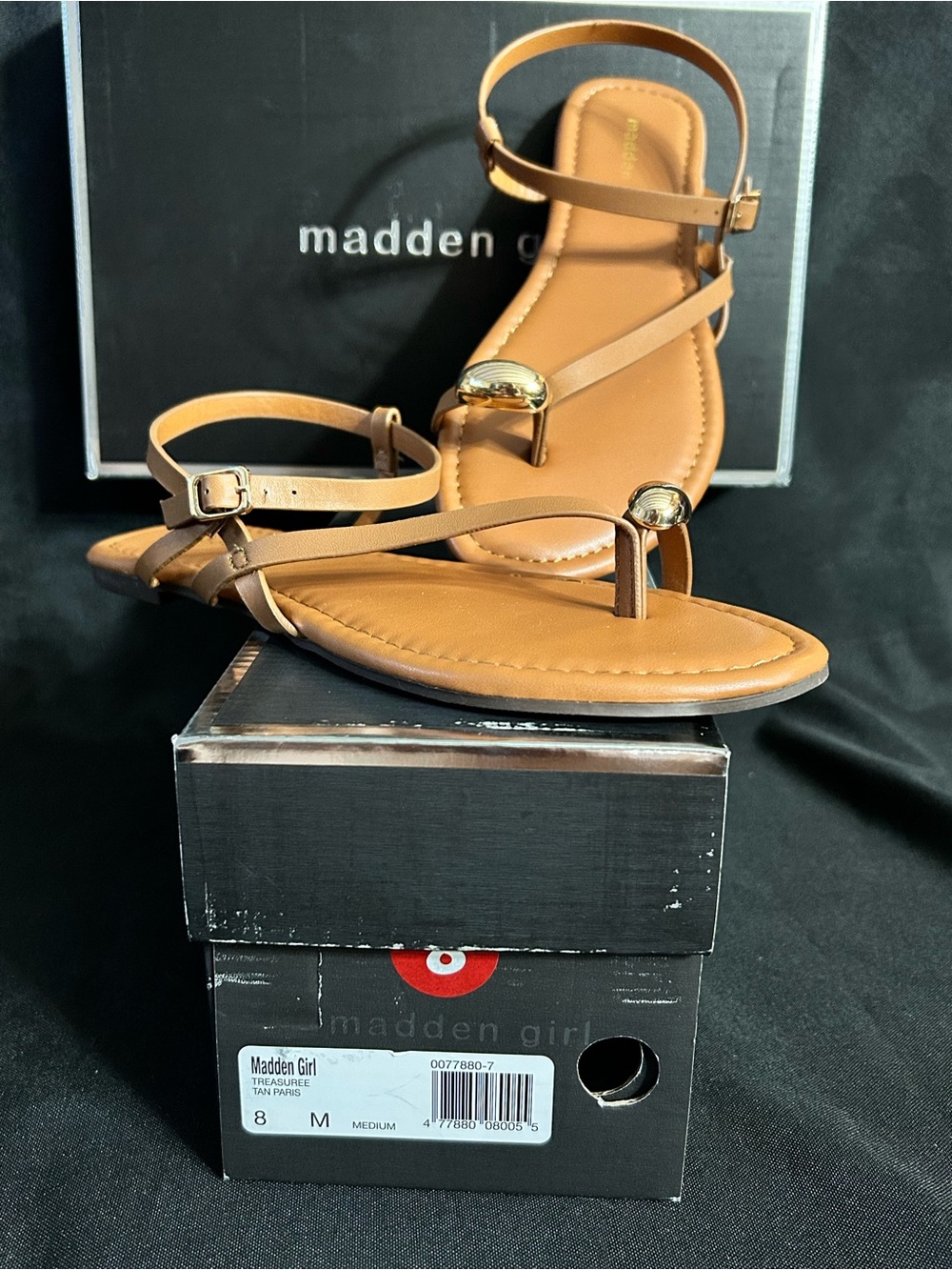 Madden Girl Treasuree Tan Paris Strappy Toe-Ring Sandals Women’s SZ 8 BNIB
